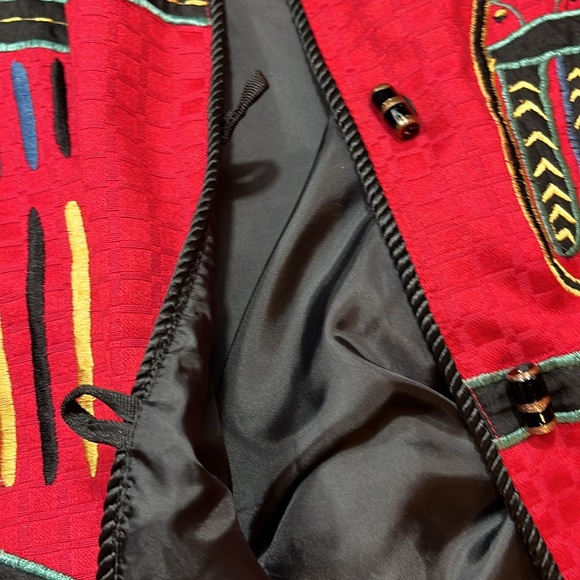 Maggie Barnes RED BIRD artsy button up BLAZER Art to wear,TOTEM pole shapes 3XL - Picture 8 of 16